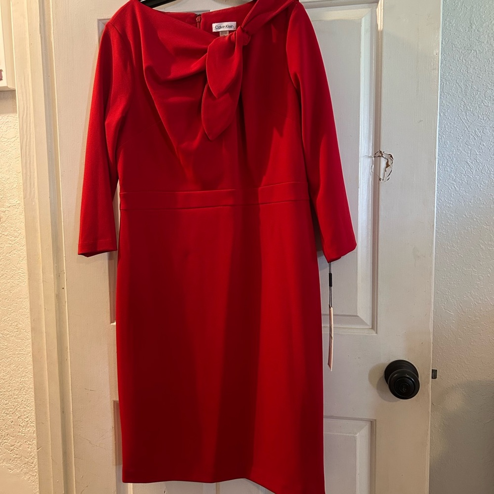 Calvin Klein Red Long-Sleeve Sheath Dress with Neck Bow